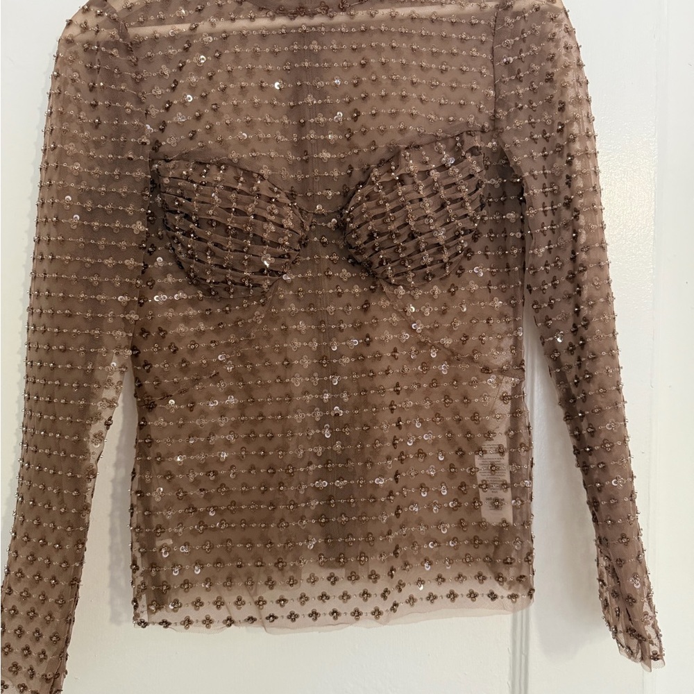 Self-Portrait Brown Sheer Embellished Blouse